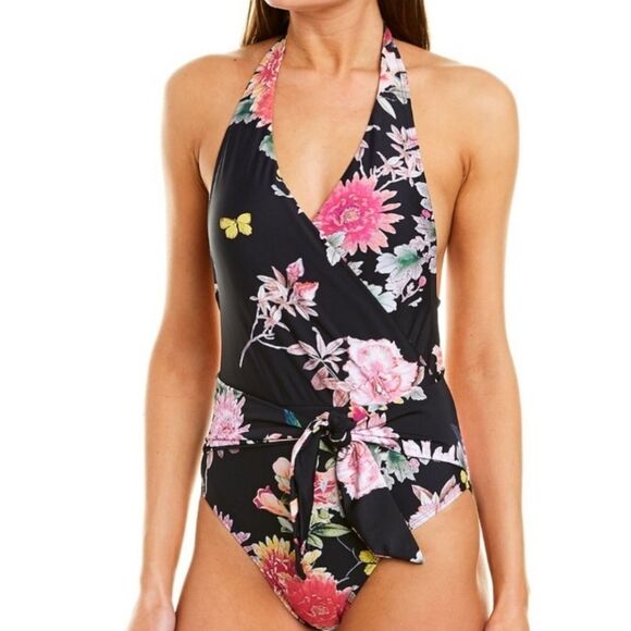 Rachel Roy Black Halter Top On Piece Swimsuit Floral Print Size XL - Picture 1 of 7